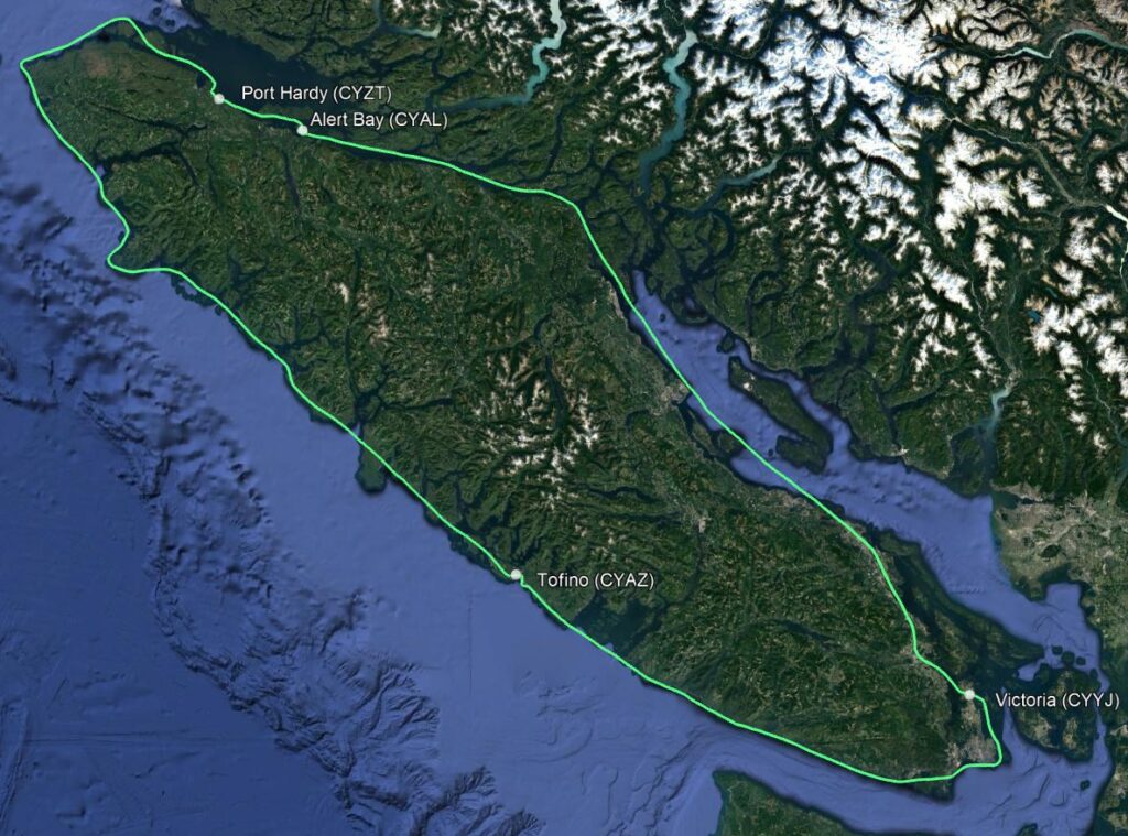 2021 circumnavigation of Vancouver Island showing complete flight path and airports visited
